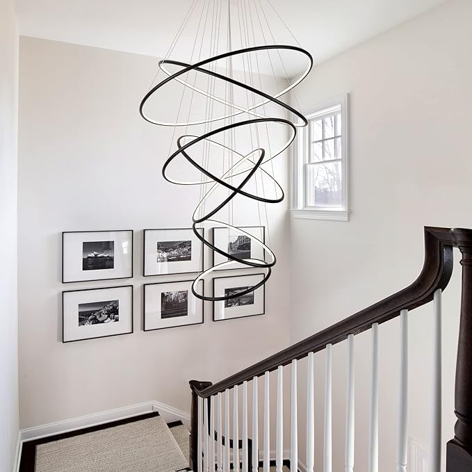 MADEM Modern LED Chandeliers 7 Rings Black Chandelier Contemporary Ceiling Pendant Light Fixture for Staircase Foyer High Ceiling Living Room, 3000K Warm White, 200W