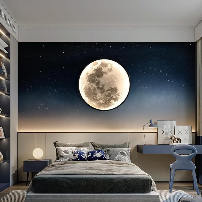 QIYIMEILUX 31.5 inch Large Moon Wall Sconce Plug in Dimmable Modern LED Wall Light with Remote Control 41W Black Wall Lamp Indoor Wall Mounted Lighting Ceiling Light for Living Room Bedroom