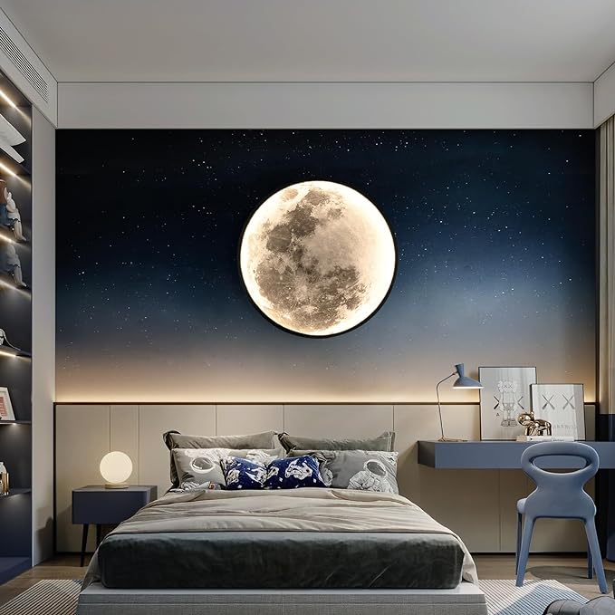 QIYIMEILUX Large Moon Wall Sconce Plug in Modern LED Dimmable Wall Light with Remote Control 23.6 inch 31W Black Wall Lamp Indoor Wall Mounted Lighting Ceiling Light for Living Room Bedroom