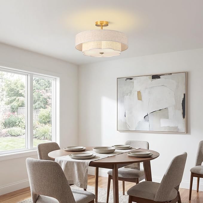 3-Light Drum Semi Flush Mount Ceiling Light, 17.7" Modern White Drum Ceiling Lighting Fixture,Vintage 2-Layer Linen Ceiling Lamp for Dining Room,Kitchen, Basement, Bedroom, Laundry Room