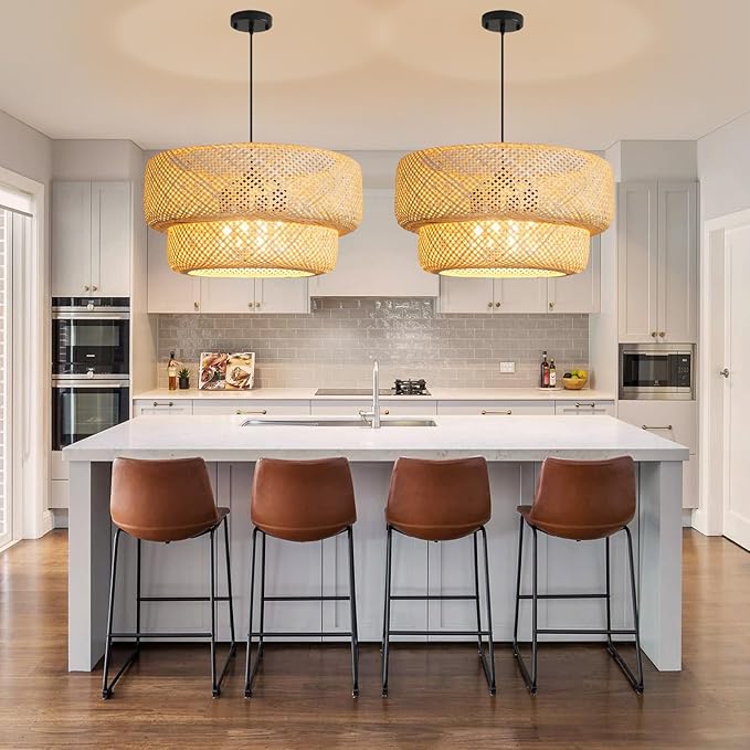 23.62” Farmhouse Bamboo Chandelier 4-Lights Large Hand-Woven Rattan Pendant Light Boho Wicker Dining Room Lights Fixtures for Living Room Bedroom Restaurant Cafe Kitchen Island