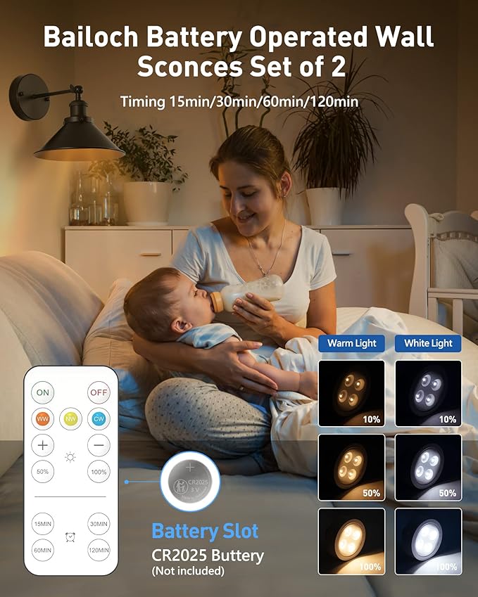 Bailoch Black Vintage Wireless Battery Operated Wall Sconces, Industrial Cordless Battery Powered Led Wall Lights Set of 2, Wall Lamp Fixture Indoor with Remote Control for Bedroom Farmhouse Gallery