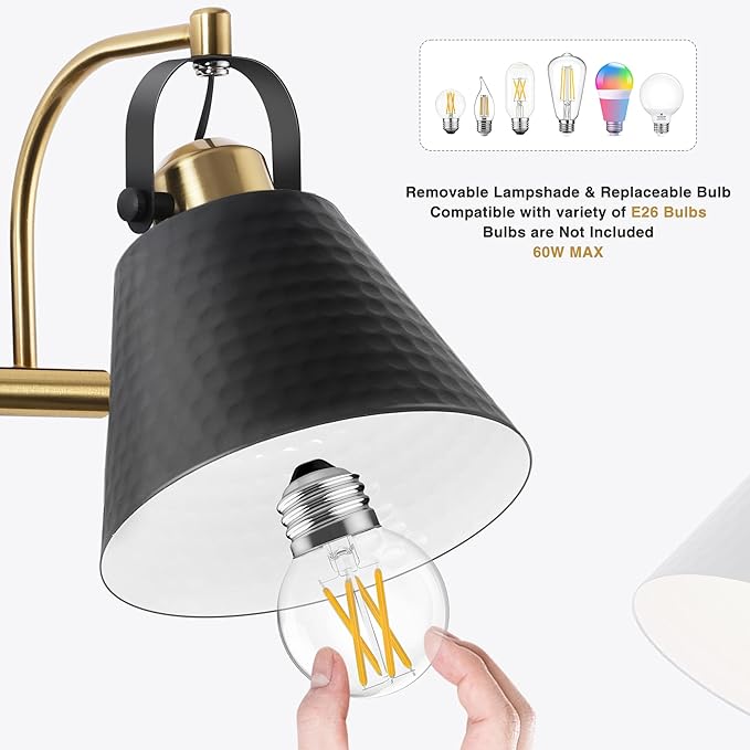 2-Lights Black and Gold Vanity Light, Farmhouse Vanity Light with Rotatable Hammered Shade, Bathroom Light Fixtures Over Mirror, Modern Wall Sconces for Bath Mirror Bedroom Living Room Stair Hallway
