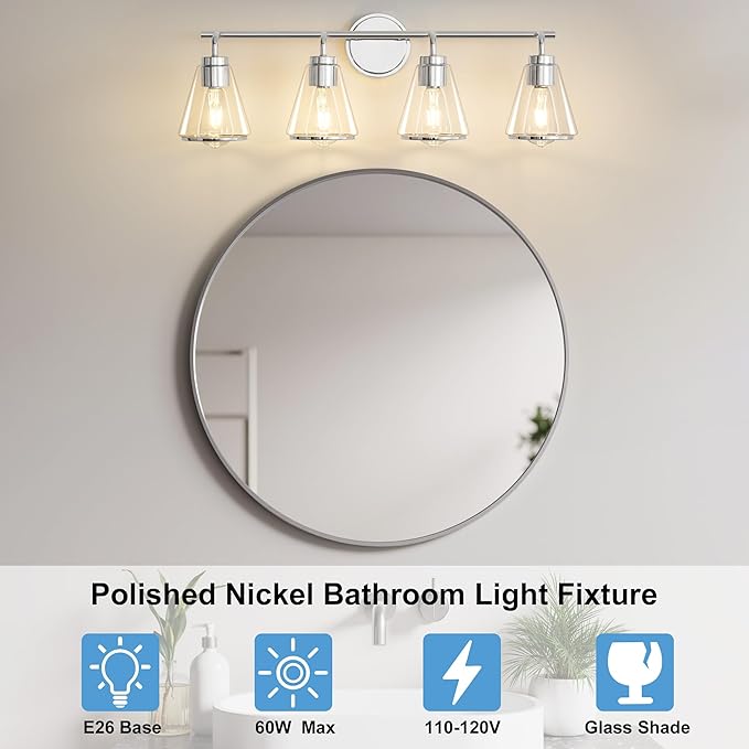 Polished Nickel Bathroom Light Fixtures 4 Light Bathroom Vanity Lights Over Mirror with Clear Glass Shade, 30 Inch Vanity Lights for Bath-Room Modern Wall Sconce Lighting (Exclude E26 Bulb)