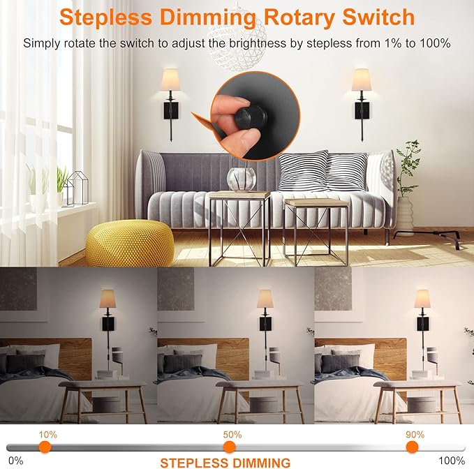 GOODATE Dimmable Wall Sconces Set of Two, Plug in Wall Sconces White Fabric Shade, Wall Lamp for Bedroom, Living Room, Plug in Wall Light Sconces Wall Decor Set of 2, LED Bulbs Included, Black