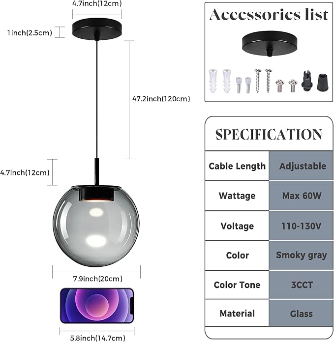 Advanced 3CCT Smoke Glass Pendant Light, Built-in LED Panel for Ultra-Even, Glare-Free Lighting, Modern Design and Stylist Fixture for Kitchen Island, Dining Table and Bedside(7.9in, 1-Pack)