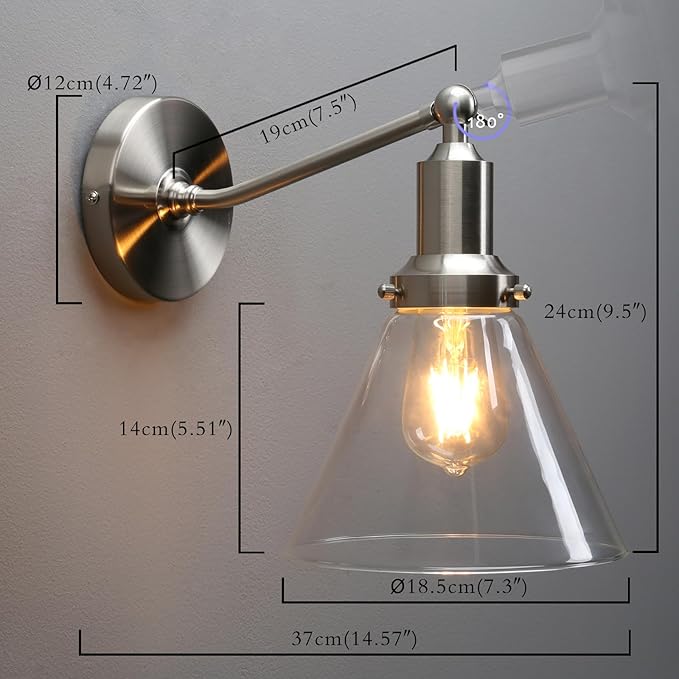 PERMO Industrial Vintage Slope Pole Wall Mount Single Sconce with Funnel Flared Clear Glass Shade Brushed Wall Sconce Light Lamp Fixture
