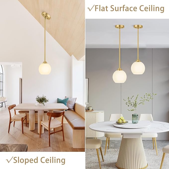 Modern Gold 2-Pack Pendant Light Fixture, Globe Shape, Adjustable Height, Kitchen Island, Dining Room, Living Room, Milk Frosted Glass Shade, ETL Listed