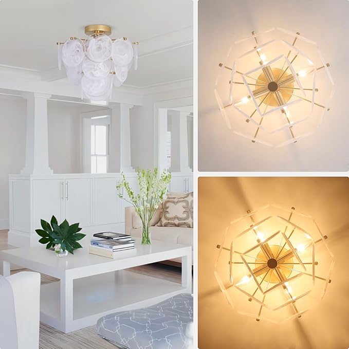 Flush Mount Ceiling Light Chandelier, Gold Glass Mid Century Modern Chandelier Foyer Light Fixtures Ceiling Mount 4 Light with Unique White Round Glass Sheet for Living room Bedroom Entryway Kitchen