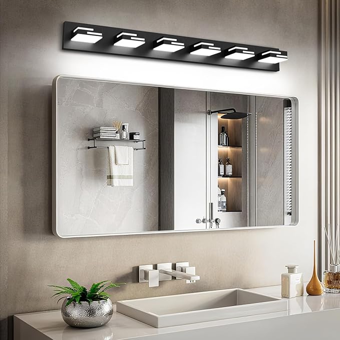 LED Modern Bathroom Vanity Light Fixtures, 6-Light 40-inch Dimmable Matte Black Vanity Lights for Bathroom Lighting Fixtures Over Mirror, with 360° Rotatable Acrylic Heads (Cool White 6000K)