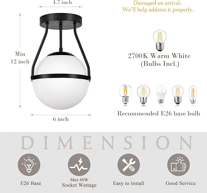 Bagood Globe Semi Flush Mount Ceiling Light Mid Century Modern 6" Globe Ceiling Light Fixture with Milk Glass Shade Black Finish for Living Room Hallway Kitchen Island Dining Room Laundry (Bulb Incl.)