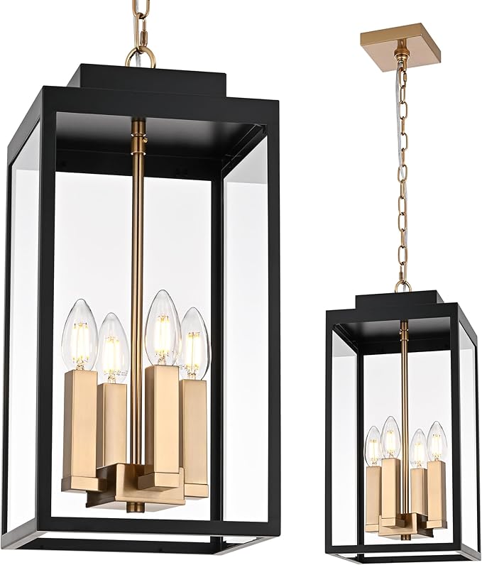 MELUCEE Large Outdoor Lantern Pendant Lights Outdoor Chandelier Black Brass, 4-Light Farmhouse Pendant Light Exterior Ceiling Mount Hanging Lantern with Clear Glass for Porch Entrance Gazebo
