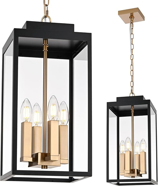 MELUCEE Large Outdoor Lantern Pendant Lights Outdoor Chandelier Black Brass, 4-Light Farmhouse Pendant Light Exterior Ceiling Mount Hanging Lantern with Clear Glass for Porch Entrance Gazebo