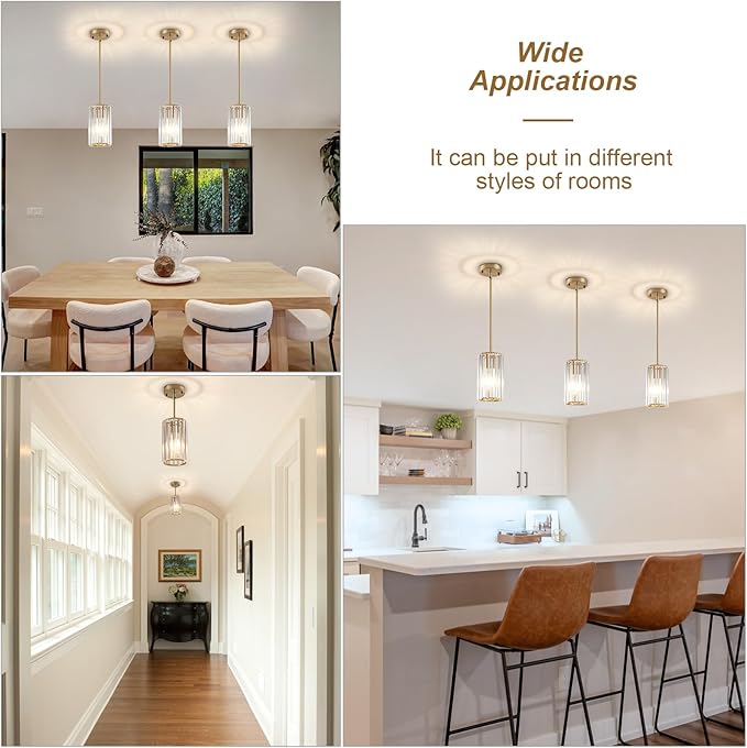 3 Pack Gold Modern Crystal Pendant Lights Hanging Light Fixtures, Gold Kitchen Island Pendant Lighting Fixtures Adjustable Modern Crystal Pendant Lights for Island Dining Room Hallway Bedroom
