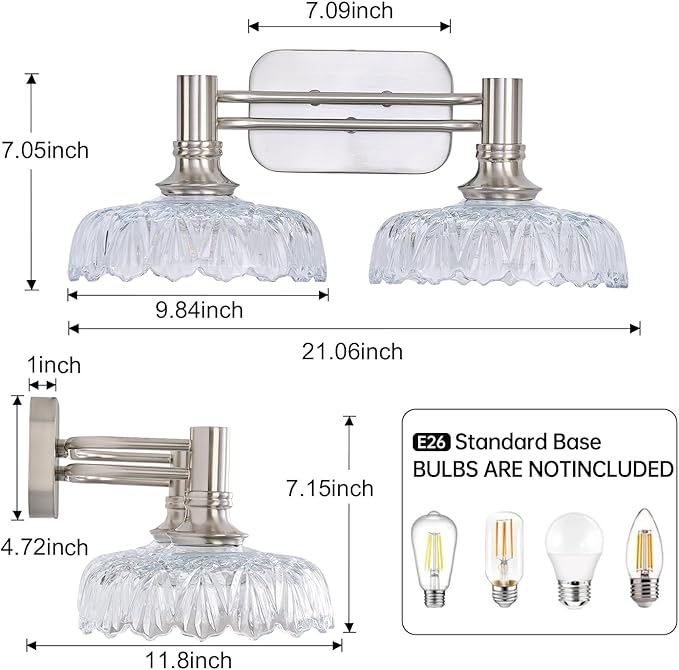 Brushed Nickel Bathroom Vanity Light Fixtures Modern 2-Light Vanity Lights Bathroom Lighting Vintage Wall Sconces for Pictures Mirror Hallway Bedroom