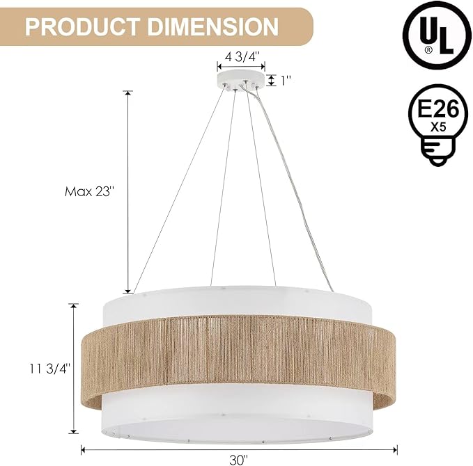 30” Fabric Rattan Chandelier Boho Hand Woven Coastal Pendant Light Adjustable Drum Large Pendant Lighting Fixtures for Dining Room Living Room Kitchen Hallway, Off-White, UL Listed
