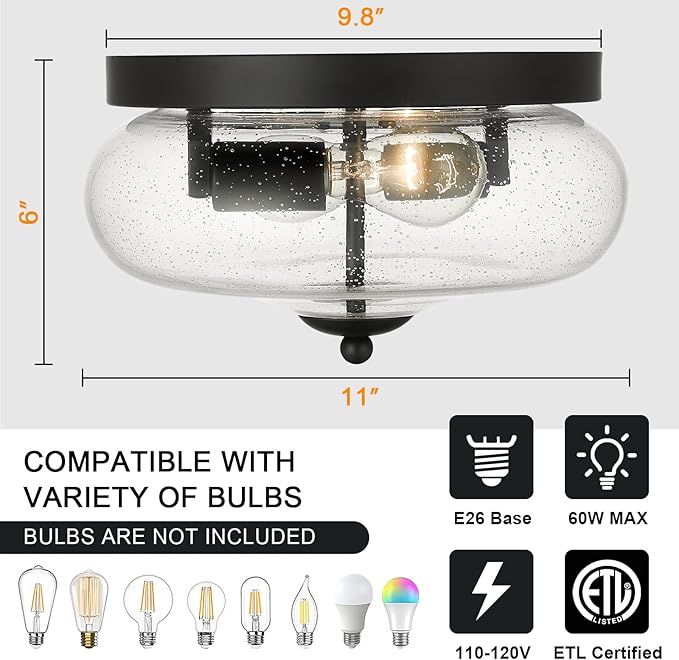 Darkaway Black Ceiling Light Fixtures, Indoor Outdoor Flush Mount Ceiling Light with Seeded Glass Shade for Farmhouse Hallway Kitchen Bedroom Porch Living Dining Room