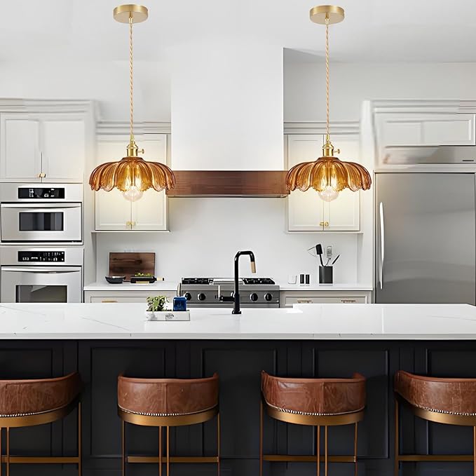 Glass Pendant Light Vintage Light Fixtures, Glass Pendant Lights Kitchen Island, Adjustable Hanging Light for Kitchen Island Dining Room Hallway (Dark Amber)