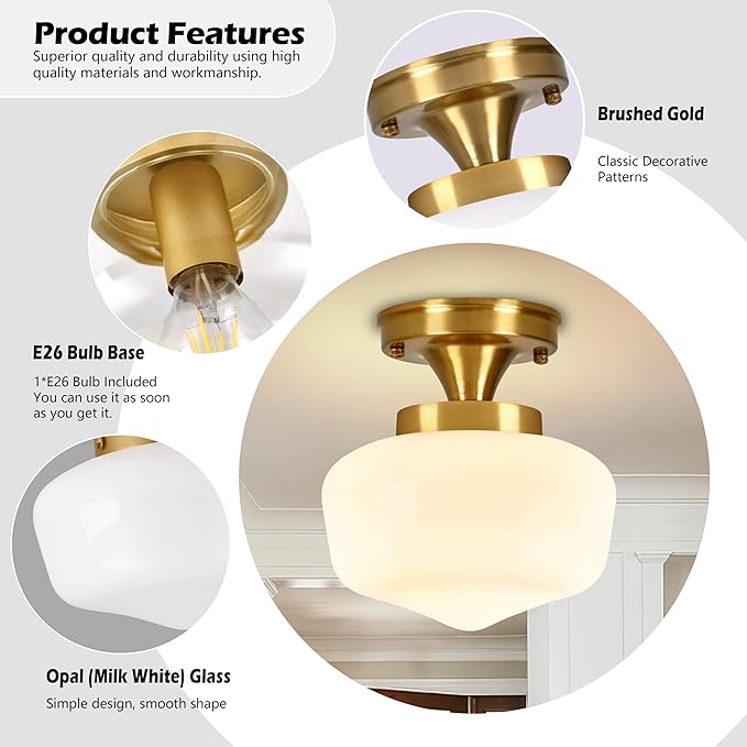 Brass Schoolhouse Ceiling Light 8" Mid Century Lights Fixtures Milk Glass Light Fixture School House Lights Fixture Ceiling Semi Flush Mount Ceiling for Bedroom Bathroom (Bulb Incl.)