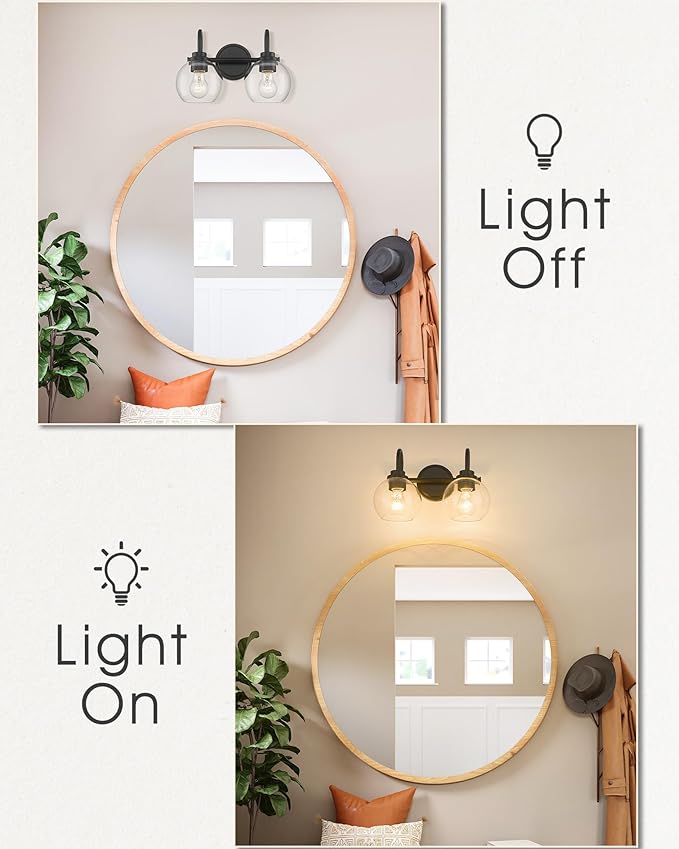 2-Light Bathroom Vanity Light Over Mirror, Matte Black Vanity Light with Clear Glass Shade, Bathroom Light Fixtures Wall Mount for Powder Room Bath, AD-22280-2W-BK