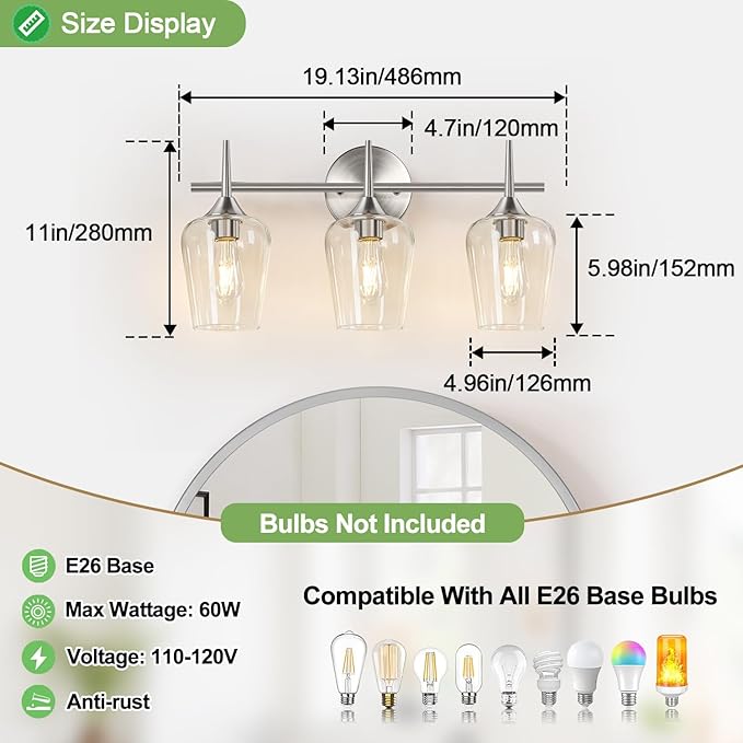 MOKATNG 3-Light Bathroom Light Fixtures, 19.5 in Brushed Nickle Vanity Lights for Bathroom with Clear Glass, Bathroom Lighting Fixtures Over Mirror, Modern Wall lamp for Cabinet Hallway