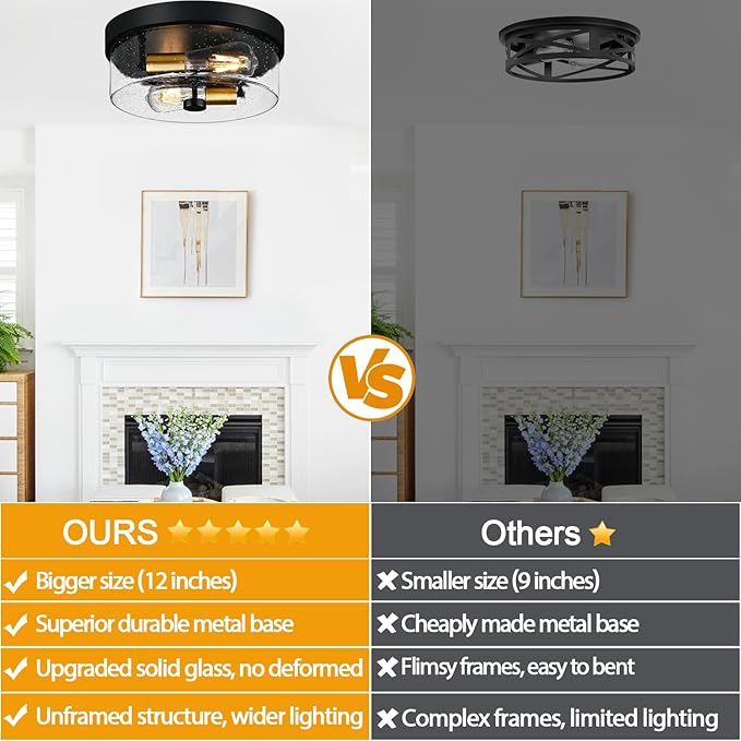 Flush Mount Ceiling Light Fixtures, 2-Light Black and Gold Ceiling Mount for Farmhouse with Seeded Glass Lampshade, Industrial Flush Mount Light Fixture for Hallway, Kitchen, Entryway and Foyer