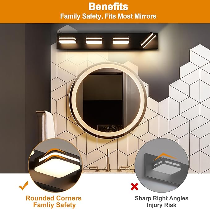 Torondo 360° Rotate LED Bathroom Vanity Light Fixtures, 1600LM Acrylic Matte Black Vanity Lights for Bathroom, Modern Wall Lighting Fixtures Over Mirror Kitchen Living Room Hallway (Warm Light 3000K)