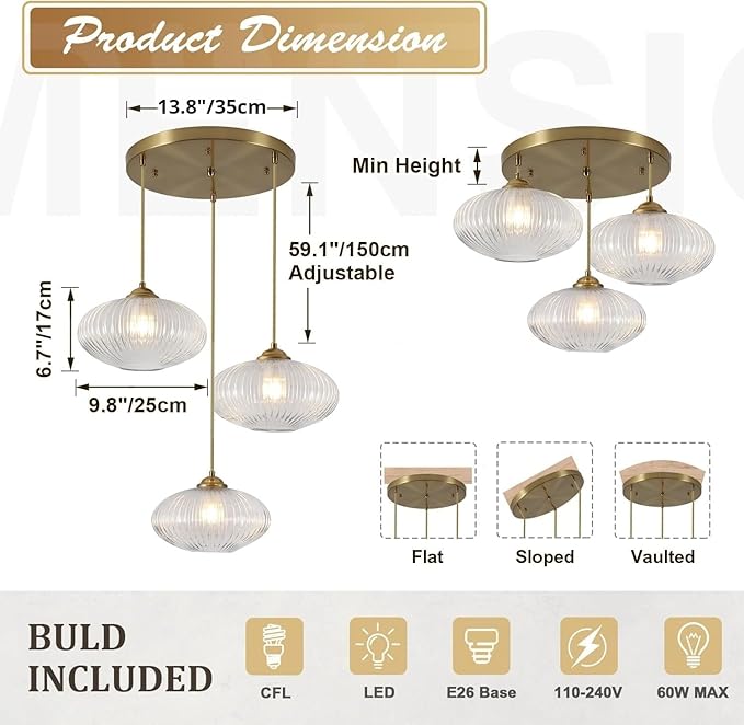 3 Light Pendant Lighting Clear Glass Cluster Pendant Lights Kitchen Island Modern Retro Adjustable Brushed Gold Hanging Light Fixtures Brass Cluster Chandelier for Bedroom Living Room MPL30-3D