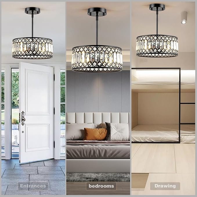Crystal Ceiling Lights 12 Inch Modern Semi Flush Mount Ceiling Light Fixture,Farmhouse Rustic Black Chandelier for Bathroom Corridor Entrance Kitchen Dining Room Living Room Foyer(3 Light)