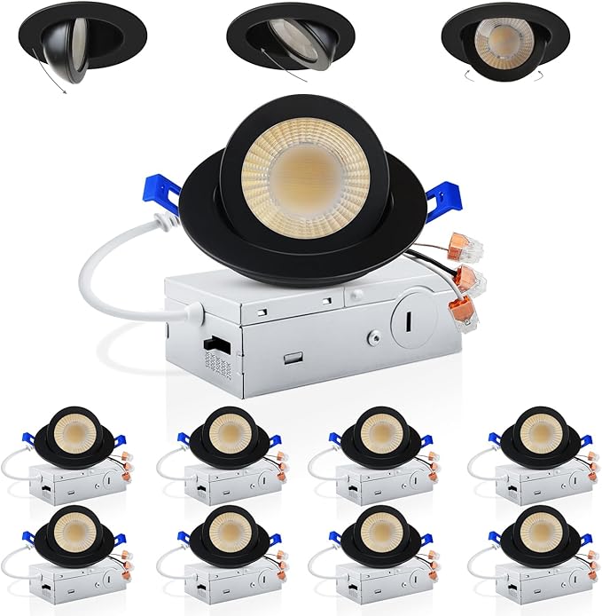 Adetu 3 Inch Gimbal Black Led Recessed Lighting, 360°+90° Adjustable Directional Led Recessed Lights, 2700K/3000K/3500K/4000K/5000K Dimmable Eyeball Canless Downlight with Jbox, ETL (Black, 8 Pack)