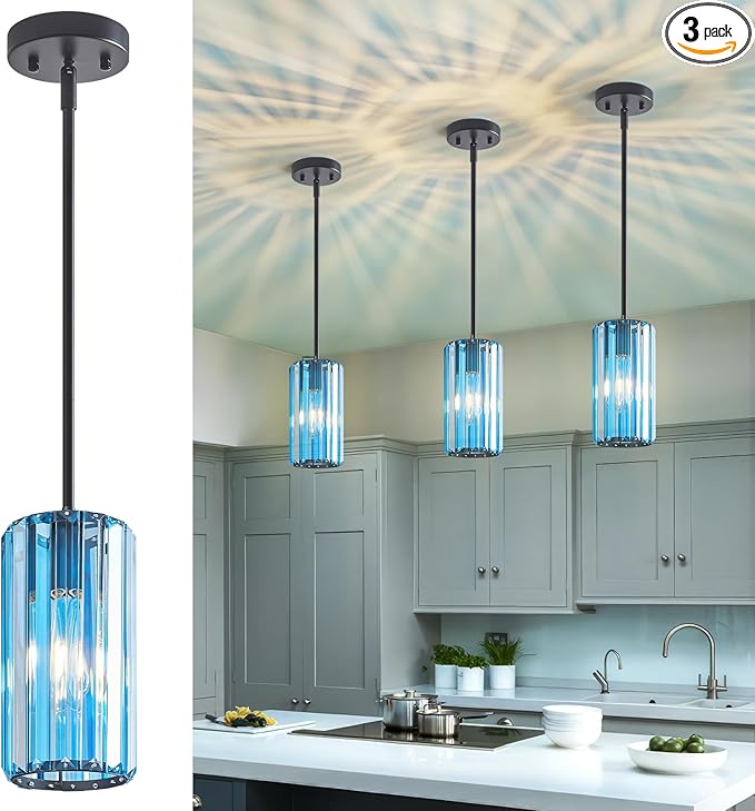 Modern Crystal Pendant Light Mini Light Blue Chandeliers Adjustable Pendant Lights Fixture for Kitchen Island Dinning Room Corridor Bedroom(Light Blue 3-Pack)