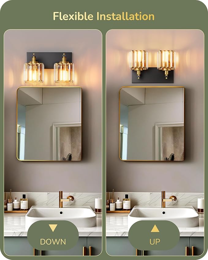 EDISHINE Bathroom Light Fixtures, Crystal Bathroom Vanity Lighting Fixtures Over Mirror, 2 Light Vanity Lights for Bath, Powder Room, E26 Base, Black Gold