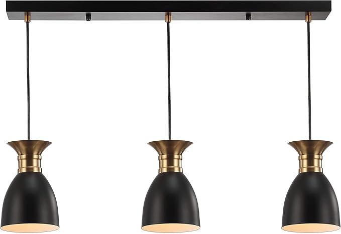 JONATHAN Y 33.25" Black/Brass Gold Modern Metal LED Pendant Light Fixture, Adjustable Hanging Ceiling Lamp for Kitchen Island Bedside, Metal Black Shade, LED Bulb Included (JYL6138A)