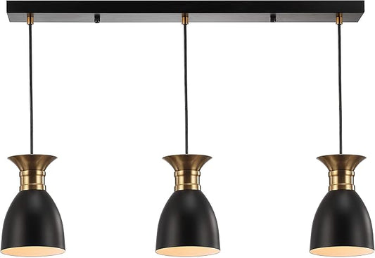 JONATHAN Y 33.25" Black/Brass Gold Modern Metal LED Pendant Light Fixture, Adjustable Hanging Ceiling Lamp for Kitchen Island Bedside, Metal Black Shade, LED Bulb Included (JYL6138A)