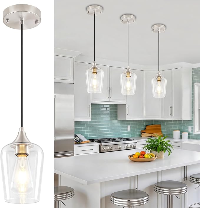 3 Pack Brushed Nickel Pendant Lights Kitchen Island, Modern Glass Pendant Lighting Over Island, Kitchen Hanging Light Fixtures Over Sink Adjustable Mini Pendant Lights for Bathroom Dining Room Hallway