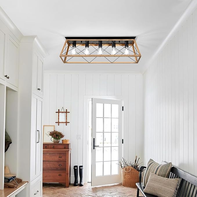 31.5" Flush Mount Ceiling Light Fixture, 5-Light Vintage Industrial Cage Chandelier for Dining Room, Kitchen Island, Living Room, Dimmable Semi Flush Mount Close to Ceiling Lighting, Walnut Finish