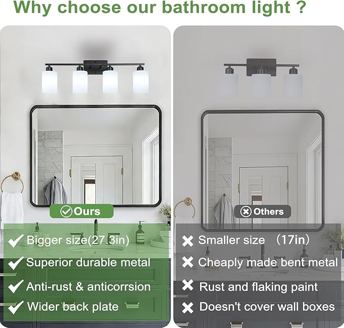 SOTTAE 4-Light Bathroom Vanity Lights, Modern Vanity Lighting with Milky White Shades, Anti-Rust Black Bathroom Light Fixtures Over Mirror, Bathroom Wall Lamp for Mirror Bathroom Living Room Cabinet