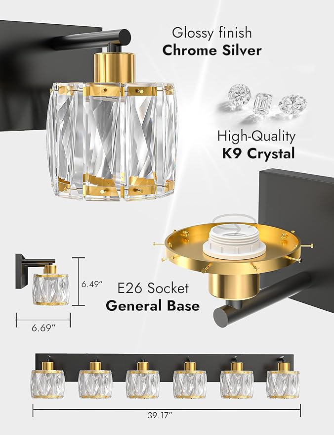 VOLISUN Crystal Vanity Lights for Bathrooms, 6 Light Bathroom Vanity Light, Black and Gold Bathroom Light Over Mirror, Modern Bathrooms Lights Fixtures-UL Certificated(Exclude Bulb)
