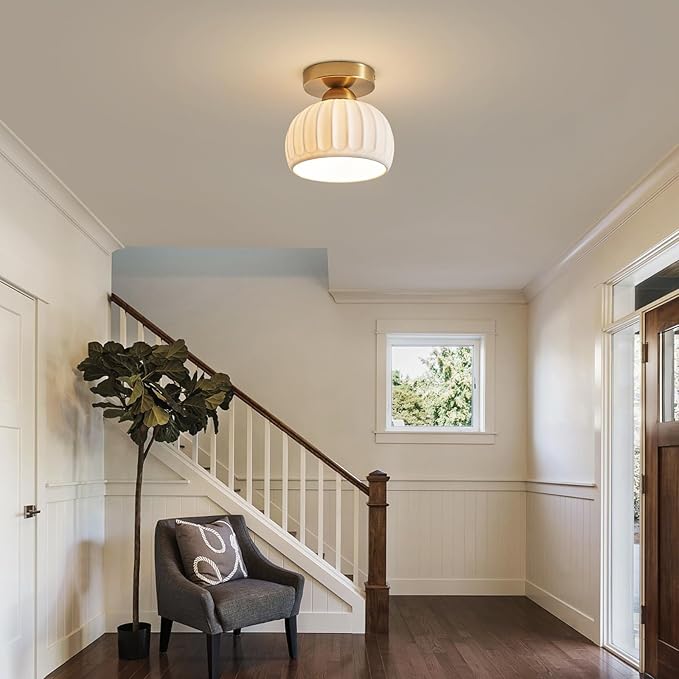 2 Pack Ceramic Gold Semi Flush Mount Ceiling Light Vintage Hallway Light Fixtures, Modern Small Ceiling Mount Light Lamp for Hall Kitchen Entryway Passway Porch Foyer