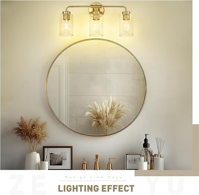 zeyu 3-Light Vanity Lighting Fixtures, Modern Vanity Lighting Fixtures Over Mirror with Cylinder Clear Glass Shade, Brushed Gold Finish, ZS62B-3W BG