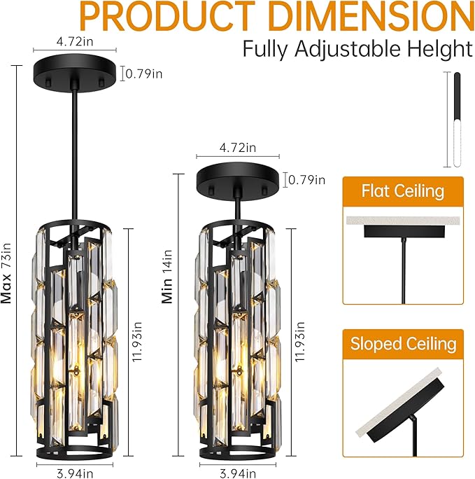 Black Pendant Lights Kitchen Island 1 Pack, Mini Crystal Chandeliers, Modern Pendant Lights Ceiling Lighting Fixtures for Kitchen Island, Dinning Room, Bedroom