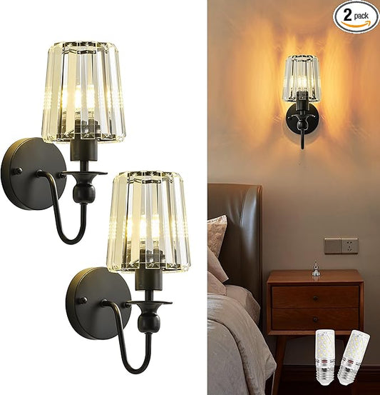 KARTOOSH Hardwired Crystal Wall Sconces Set of Two - Dimmable Wall Light Fixtures 3000K, Warm White, for Hallway, Bathroom, Living Room, Bedroom, Black, 11.2 Inch