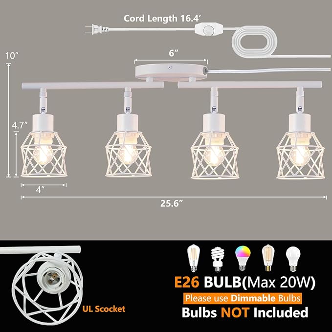 Dimmable 4 Light Plug in Ceiling Light,White Plug in Track Lighting Kit with 16.5' Cord,Flexibly Rotatable Light Head,Modern Industrial Farmhouse Style(Bulbs Not Included)