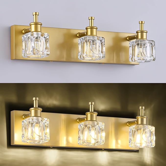 PRESDE Bathroom Vanity Lights Modern Crystal Gold 3 Light Bathroom Lights Fixtures Over Mirror Vanity Light for Bathroom