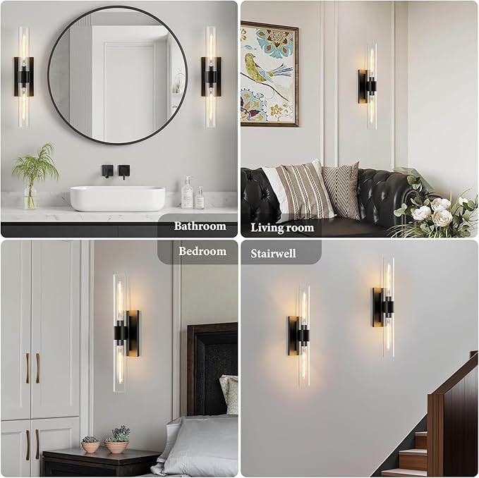 Black Brass Bathroom Wall Sconce - Set of 2 Modern Linear Light Sconces - Clear Glass Tube Vanity Lights - Vertical or Horizontal Mounted Dimmable Lighting Fixtures for Indoor Living Room Hallway
