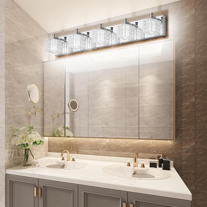 Ralbay Chrome Bathroom Vanity Light Fixtures 5 Lights Modern LED Chrome Vanity Light Over Mirror Modern Crystal Vanity Lights
