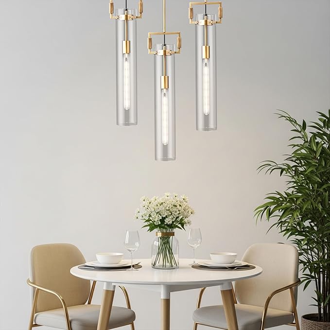 Brass Pendant Light Glass for Kitchen Island 1Pack , Gold Pendant Lights, Adjustable Hanging Chandelier with Glass Shade Modern Pendant Light Fixture for Farmhouse, Dining Room E26 Bulb Included