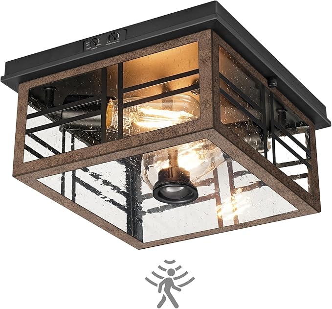 Infrared Sensor Outdoor Ceiling Light, Flush Mount Motion Sensor Ceiling Light, 2-Light Farmhouse with Bubble Glass, Bulbs Not Included, 4 Modes, for Porch, Garage, Hallway, Patio,FQ08XD05W1