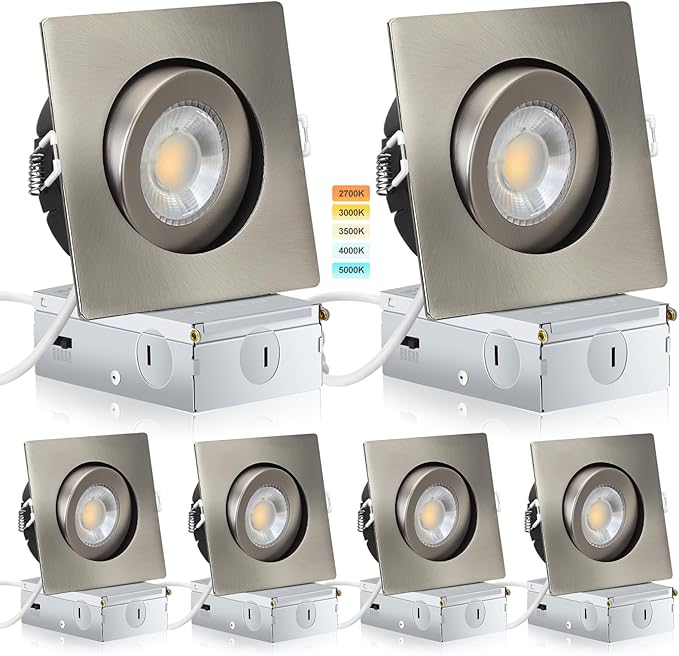 KnLnny Ware Brushed Nickel Square Recessed Lights 4 inch 6 Pack,Gimbal Recessed Lights with Junction Box,dimmable, 5CCT Selectable,9W 750LM