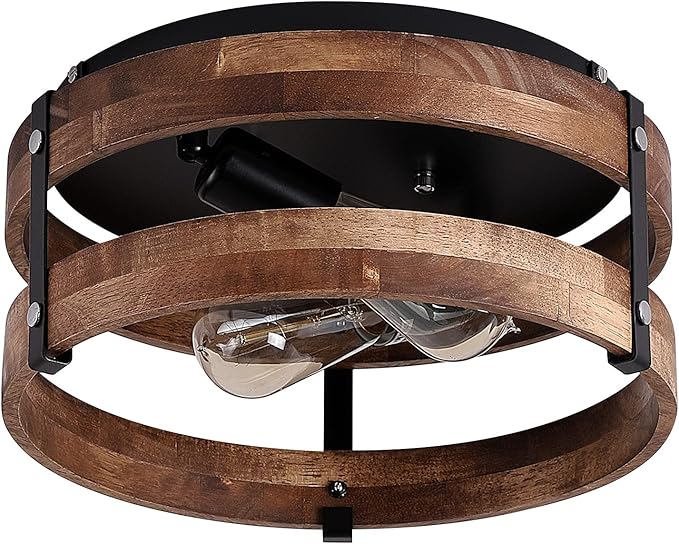 2-Light Rustic Flush Mount Light Fixture Oak Wood Round Drum Semi Flush Mount Ceiling Light for Hallway Bedroom Kitchen Entryway Farmhouse, Black
